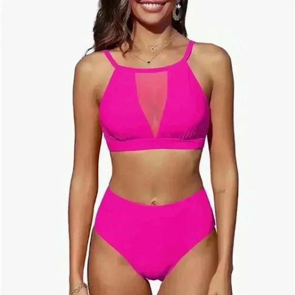 Sheer Mesh Deep Plunge Tankini Bikini Swimsuit Top Pink NWT Size XL - Picture 1 of 8